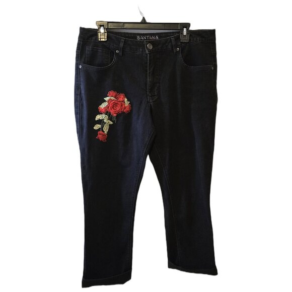 Santana Black Embroidered Jeans Red Rose Denim Grunge Casual Boot Cut 35" - Picture 1 of 4